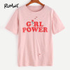 ROMWE Womens Tee Shirts Top Women Fashion Summer Ladies Pink Letter And Rose Print Short Sleeve Ripped T-shirt