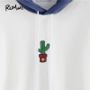 ROMWE Womens Clothing Hoodies for Women Casual Loose Cotton Hoodie White Contrast Cactus Embroidery Drawstring Hooded Sweatshirt