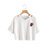 ROMWE Women Summer T shirts Cut Out Neck Rose Embroidered Patch Tee White V Neck Short Sleeve 2018 Summer Tops