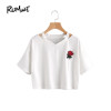ROMWE Women Summer T shirts Cut Out Neck Rose Embroidered Patch Tee White V Neck Short Sleeve 2018 Summer Tops