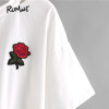 ROMWE Women Summer T shirts Cut Out Neck Rose Embroidered Patch Tee White V Neck Short Sleeve 2018 Summer Tops