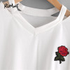 ROMWE Women Summer T shirts Cut Out Neck Rose Embroidered Patch Tee White V Neck Short Sleeve 2018 Summer Tops