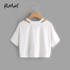 ROMWE Women Summer T shirts Cut Out Neck Rose Embroidered Patch Tee White V Neck Short Sleeve 2018 Summer Tops