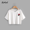 ROMWE Women Summer T shirts Cut Out Neck Rose Embroidered Patch Tee White V Neck Short Sleeve 2018 Summer Tops