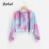 ROMWE Water Color Crop Hoodies Multicolor Casual Women Drawstring Hooded Sweatshirt 2017 Autumn Tie Dye Long Sleeve Hoodies
