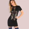 ROMWE Vintage Lace Up Sheath Dress 2018 Sexy Women Rock and Roll Print Black Summer Dresses Deep V Neck Casual Tee Dress