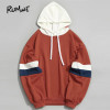 ROMWE Stripe Contrast Sleeve Hoodie New Fashion Orange Regular Fit Women Clothing Seam Drawstring Long Sleeve Sweatshirt
