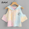 ROMWE Open Shoulder Water Color Hooded Tee Shirt 2018 Multicolor 3/4 Sleeve Tie Dye Women Top Drawsting Casual Crop T Shirt