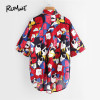ROMWE Multicolor Printed Shirt Knot Front Cute Casual Blouse 2017 Women Dip Hem Summer Tops Pockets Button Up Lapel Hi-Lo Blouse