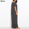 ROMWE Long Shift Dresses For Women Summer Ladies Heather Grey Round Neck Short Batwing Sleeve Casual T-shirt Maxi Dress
