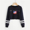 ROMWE Letter American Flag Print Varsity Striped Crop Black Sweatshirt Spring Fall Women O-Neck Long Sleeve Casual Sweatshirt