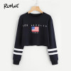 ROMWE Letter American Flag Print Varsity Striped Crop Black Sweatshirt Spring Fall Women O-Neck Long Sleeve Casual Sweatshirt