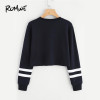 ROMWE Letter American Flag Print Varsity Striped Crop Black Sweatshirt Spring Fall Women O-Neck Long Sleeve Casual Sweatshirt