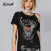 ROMWE Freedom Burn Out Tee Shirt 2018 Black Floral Halloween Cold Shoulder Female Top Round Neck Short Sleeve T Shirt