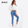 ROMWE Frayed Trim Mid Waist Tapered Jeans Women Blue Casual Denim Cropped Pants 2018 Autumn Zipper Fly Straight Jeans