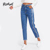 ROMWE Frayed Trim Mid Waist Tapered Jeans Women Blue Casual Denim Cropped Pants 2018 Autumn Zipper Fly Straight Jeans