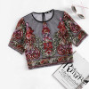 ROMWE Flower Embroidery Mesh Blouse Vintage Sexy Crop Top 2017 Women Semi Sheer Boho Tops Black Short Sleeve Thin Tunic Blouse