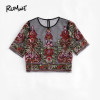 ROMWE Flower Embroidery Mesh Blouse Vintage Sexy Crop Top 2017 Women Semi Sheer Boho Tops Black Short Sleeve Thin Tunic Blouse