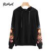 ROMWE Flower Embroidery Boho Hoodies Black Casual Women Pocket Front Hooded Sweatshirt 2017 Fall Drawstring Long Sleeve Hoodies