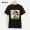 ROMWE Flower Applique Graphic Tee Shirt 2018 New Arrival Summer Round Neck Woman Top Black Short Sleeve Floral Stretchy T-Shirt