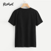 ROMWE Flower Applique Graphic Tee Shirt 2018 New Arrival Summer Round Neck Woman Top Black Short Sleeve Floral Stretchy T-Shirt