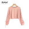 ROMWE Eyelet Lace Up Sleeve Crop Sweatshirt Autumn Pink Round Neck Cute Pullovers 2018 Women Long Sleeve Casual Sweatshirt
