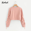 ROMWE Eyelet Lace Up Sleeve Crop Sweatshirt Autumn Pink Round Neck Cute Pullovers 2018 Women Long Sleeve Casual Sweatshirt
