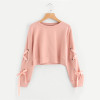 ROMWE Eyelet Lace Up Sleeve Crop Sweatshirt Autumn Pink Round Neck Cute Pullovers 2018 Women Long Sleeve Casual Sweatshirt