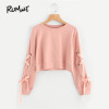 ROMWE Eyelet Lace Up Sleeve Crop Sweatshirt Autumn Pink Round Neck Cute Pullovers 2018 Women Long Sleeve Casual Sweatshirt