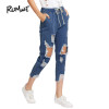 ROMWE Drawstring Waist Ripped Jeans For Women Blue Extreme Destroyed Casual Crop Denim Pants Fall Tapered Jeans