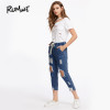 ROMWE Drawstring Waist Ripped Jeans For Women Blue Extreme Destroyed Casual Crop Denim Pants Fall Tapered Jeans