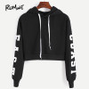 ROMWE Cropped Hoodie Black Hooded Letters Print Crop Sweatshirt Autumn Streetwear Women Long Sleeve Casual Pullover
