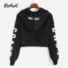 ROMWE Cropped Hoodie Black Hooded Letters Print Crop Sweatshirt Autumn Streetwear Women Long Sleeve Casual Pullover