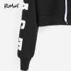 ROMWE Cropped Hoodie Black Hooded Letters Print Crop Sweatshirt Autumn Streetwear Women Long Sleeve Casual Pullover