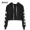 ROMWE Cropped Hoodie Black Hooded Letters Print Crop Sweatshirt Autumn Streetwear Women Long Sleeve Casual Pullover