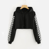 ROMWE Contrast Checked Sleeve Crop Hoodie Drawstring Plaid Regular Fit Women Top Long Sleeve Pullover Sweatshirt
