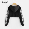 ROMWE Contrast Checked Sleeve Crop Hoodie Drawstring Plaid Regular Fit Women Top Long Sleeve Pullover Sweatshirt