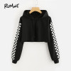 ROMWE Contrast Checked Sleeve Crop Hoodie Drawstring Plaid Regular Fit Women Top Long Sleeve Pullover Sweatshirt