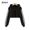 ROMWE Contrast Checked Sleeve Crop Hoodie Drawstring Plaid Regular Fit Women Top Long Sleeve Pullover Sweatshirt