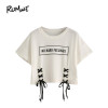 ROMWE Casual Printed T shirt Women Crop Tops Women 2018 Summer White Letter Print Short Sleeve Lace-Up Crop T-shirt