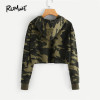 ROMWE Camo Print Crop Hoodie Green Long Sleeve Sexy Casual Women Hooded Sweatshirt Fall 2018 New Fashion Short Brief Hoodies