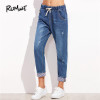 ROMWE Blue Drawstring Waist Cuffed Jeans 2018 Spring Casual Pockets Mid Waist Denim Pants Women Fashion Loose Plain Jeans