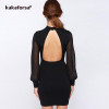 Kakaforsa Women Sexy Backless White Dress Casual Plus Size Slim Fit Bodycon Short Dress Long Sleeve O-Neck Mini Party Dresses