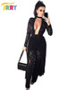 JRRY Casual Two Pieces Long Sleeve Cape Black Lace Women Jumpsuit Halter Neckline Cloak Long Pants Hollow Out Ladies Romper