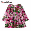 New Baby Girl Floral Dresses Kids Long Sleeve Rose Flower Printed Princess Wedding Party Dress Children Pleated Clothes Costume