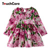New Baby Girl Floral Dresses Kids Long Sleeve Rose Flower Printed Princess Wedding Party Dress Children Pleated Clothes Costume