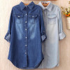 2018 Summer Female Denim Long Shirts Feminina Women Casual Cotton Jean Blouse Women's Tops Turn-down Pockets Light Blue