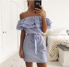 2018 summer dress Women Off Shoulder red Blue Striped bandage Shirt beach dress party Short robe femme Sexy vestido de festa