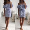 2018 summer dress Women Off Shoulder red Blue Striped bandage Shirt beach dress party Short robe femme Sexy vestido de festa