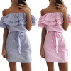2018 summer dress Women Off Shoulder red Blue Striped bandage Shirt beach dress party Short robe femme Sexy vestido de festa